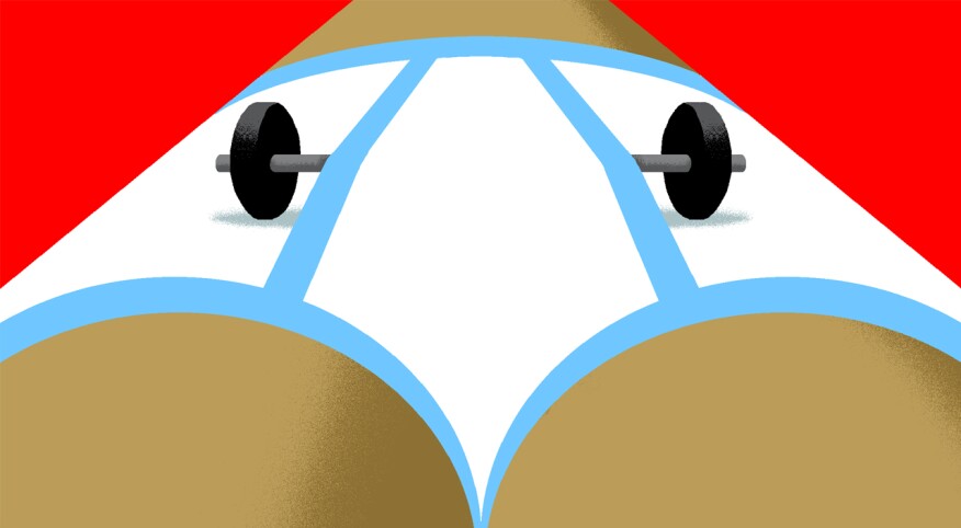 Illustration of man's crotch wearing briefs with barbell