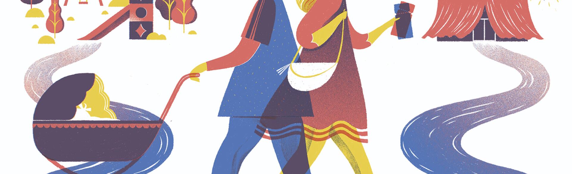 An illustration of two friends walking past each other - one is pushing their child toward a park, while the other walks alone toward a movie theater.