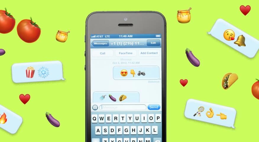A graphic of a sexting conversation using various emojis on a cellphone. The cellphone is surrounded by various other emojis.