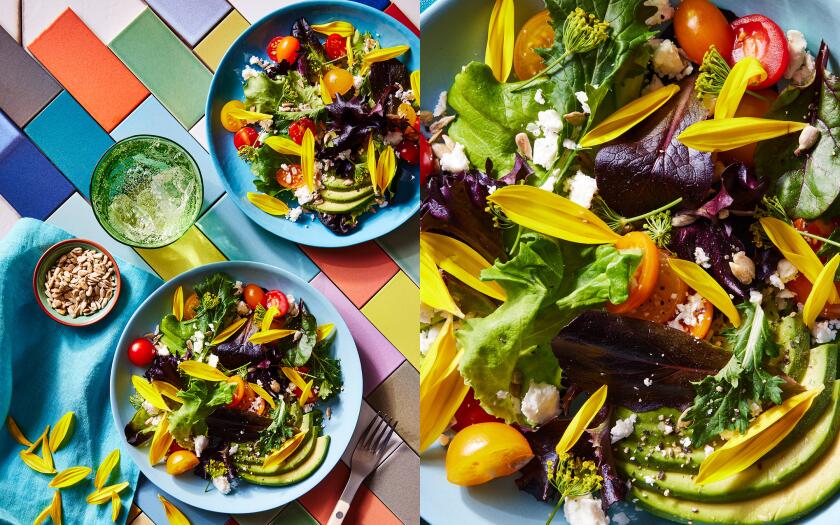Fresh Sunflowers on salad overhead