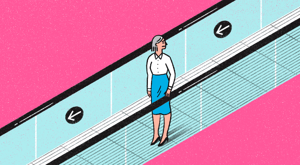 animation of woman on moving walkway looking back