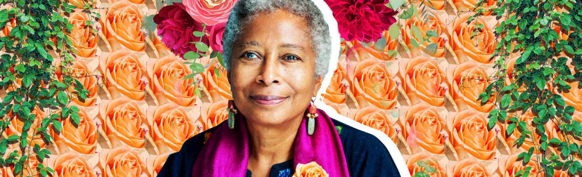 photo collage of alice walker and floral assets