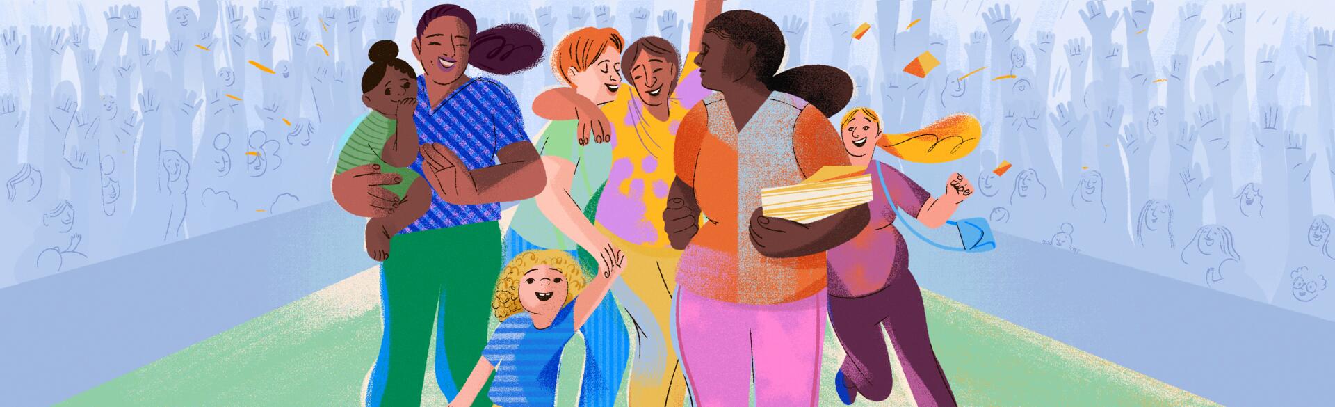 illustration of mother with her mom friends and children by eugenia mello