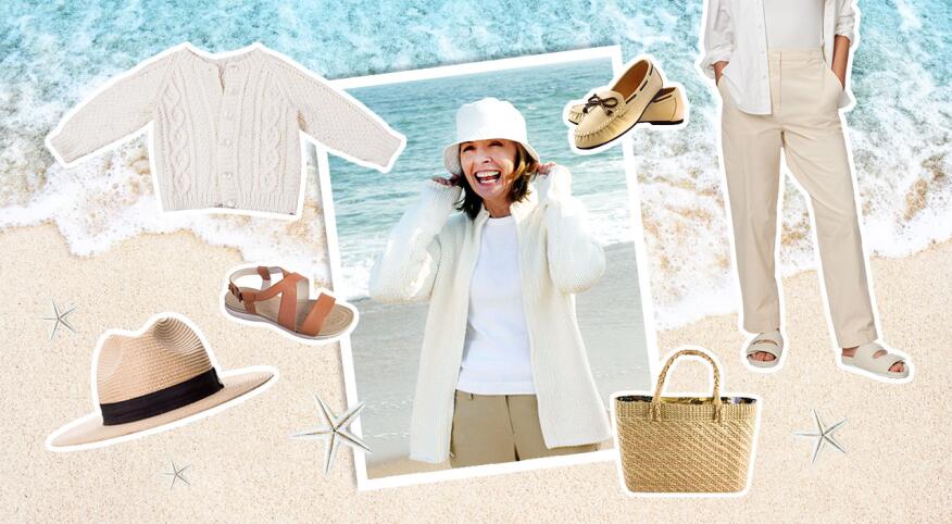 photo collage of diane keaton in casual beach wear, coastal granny, fashion, summer