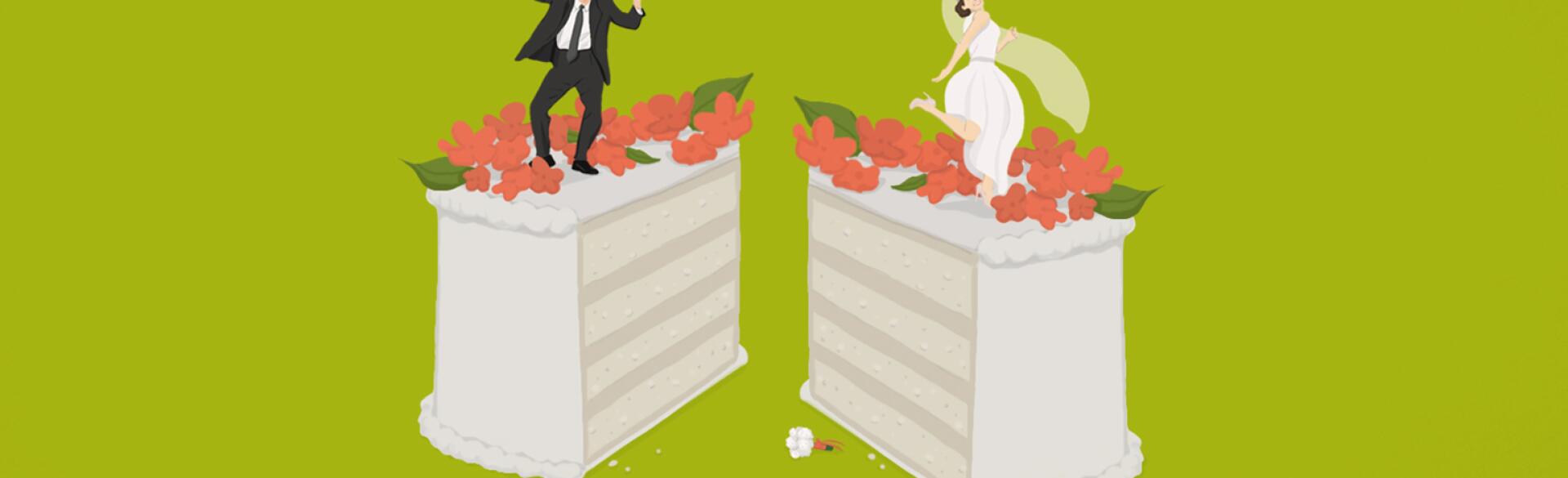 Illustration of wedding cake cut in half with bride and groom on separate sides