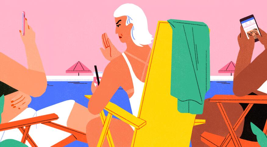 illustration of women sitting at the beach one lady ranting the others on their phones