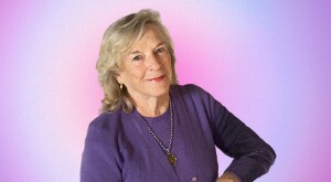 Portrait of Frances Mayes on pink/purple gradient background