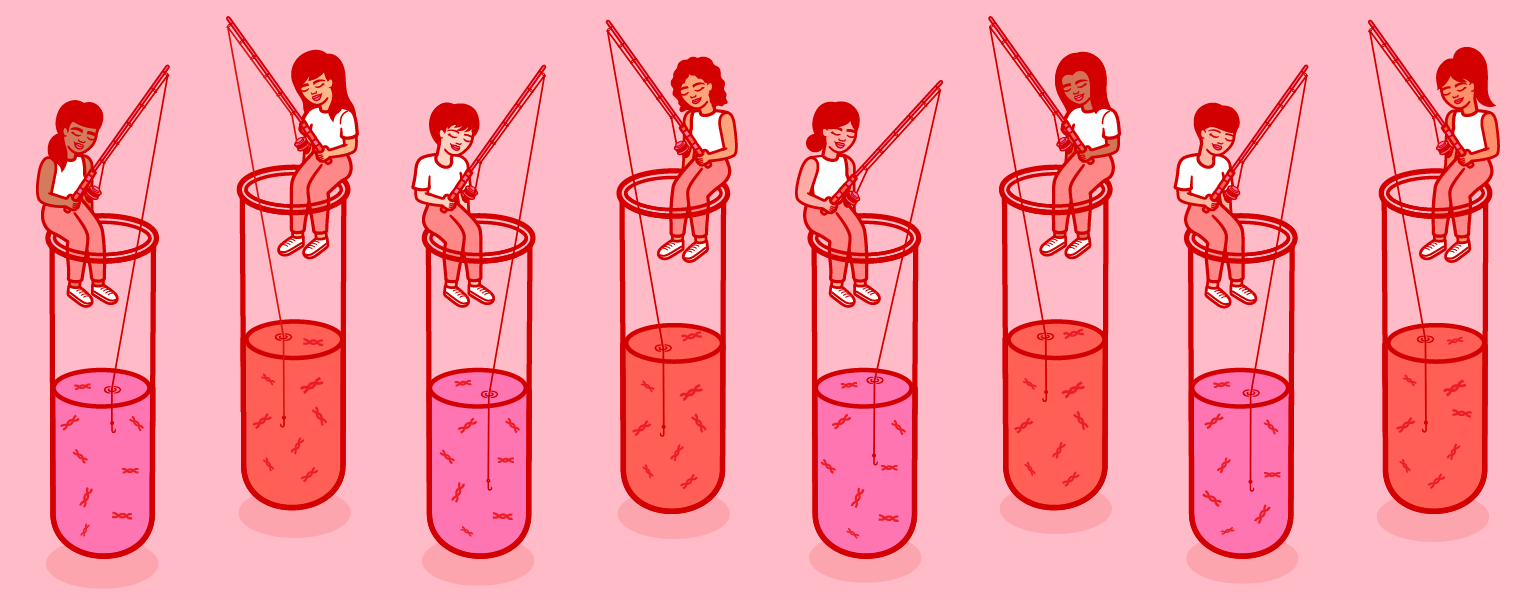 animation of ladies fishing from genetic testing tubes