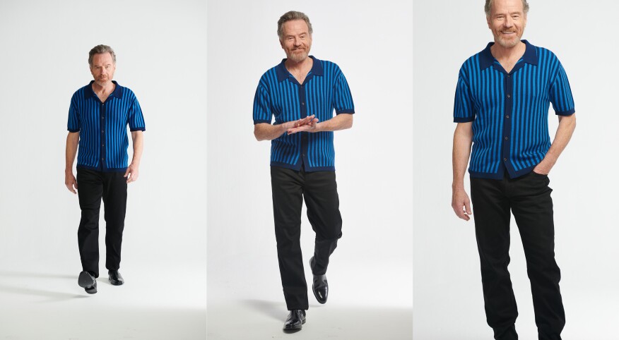 Actor Bryan Cranston in three different poses wearing a blue shirt and black slacks.