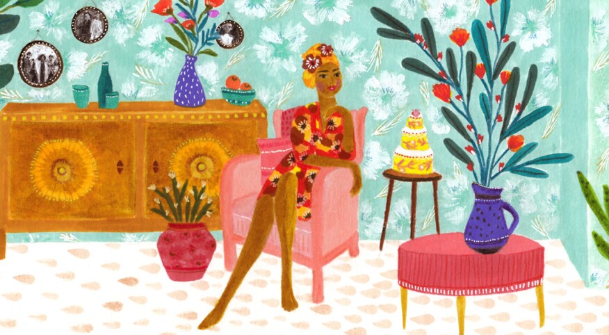 illustration of a woman sitting happily in her apartment on a chair next to a birthday cake