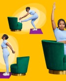 photo collage of woman doing different stretches, at home stretches, exercise, workout