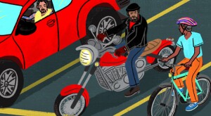 illustration of men in car and on a motorcycle and on a bike stopped at a red light