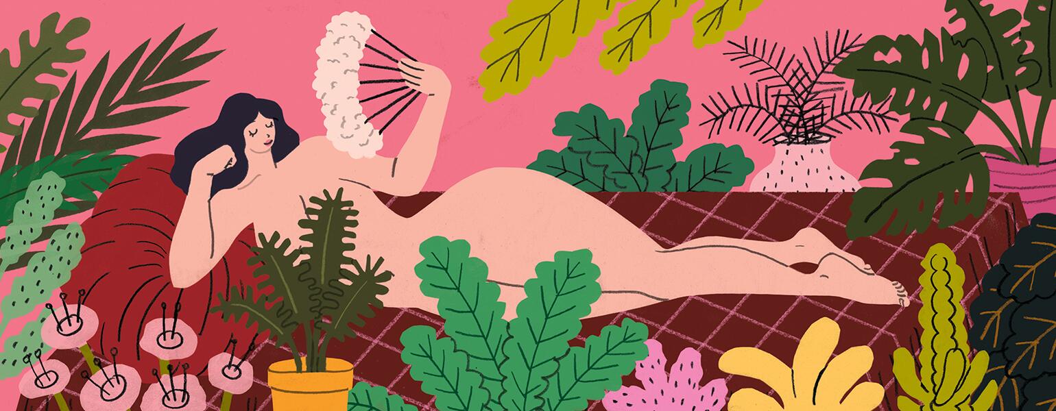 Illustration of woman feeling sexy surrounded by plants fanning herself