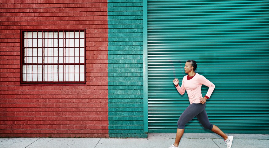 woman, running, city