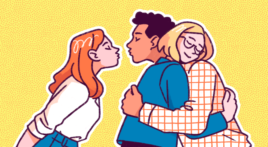 illustration of man hugging a woman while trying to kiss another woman, open relationship