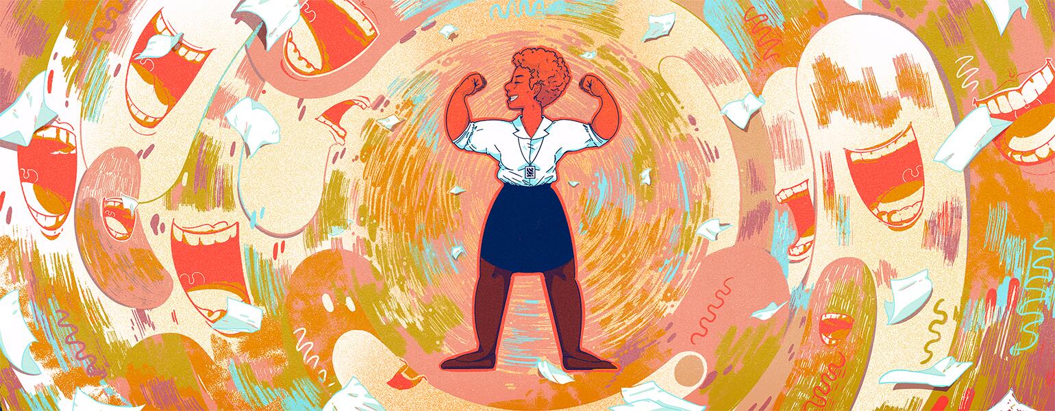 illustration of lady surrounded by talking mouths by islenia mil