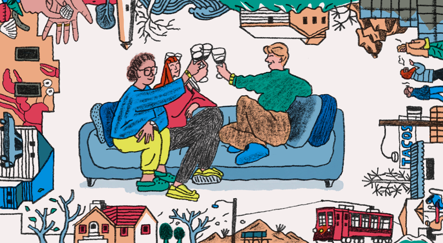 Illustration of three best friends toasting on sofa