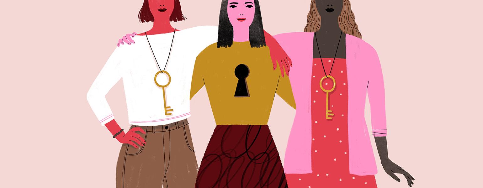 illustration of two friends with keys and another with a keyhole friendship