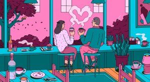 illustration of couple sitting at coffee shop drinking coffee