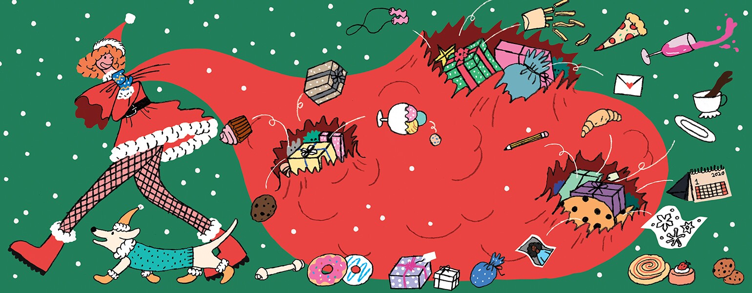 illustration of lady pulling a bag full of different holiday gifts by hye jin chung