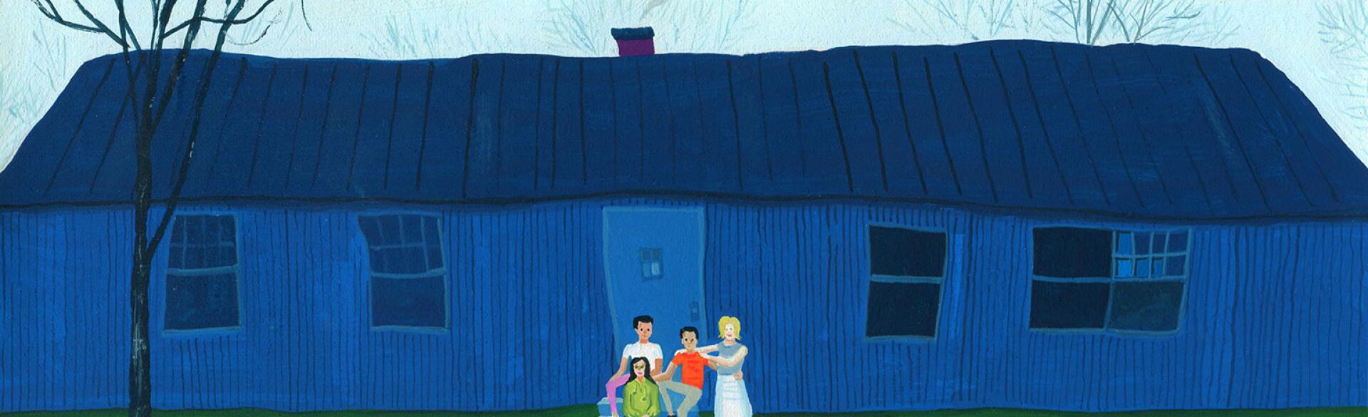 illustration of stepfamily outside of house