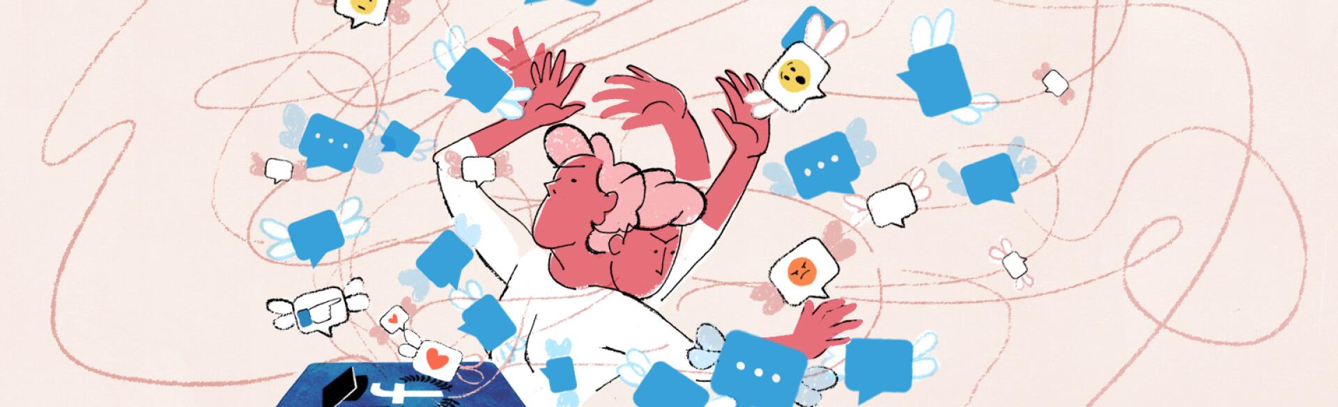 illustration of woman dealing with university parents forums on facebook