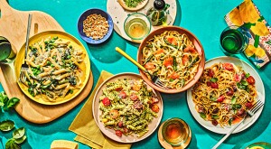 Four spring pasta dishes overhead