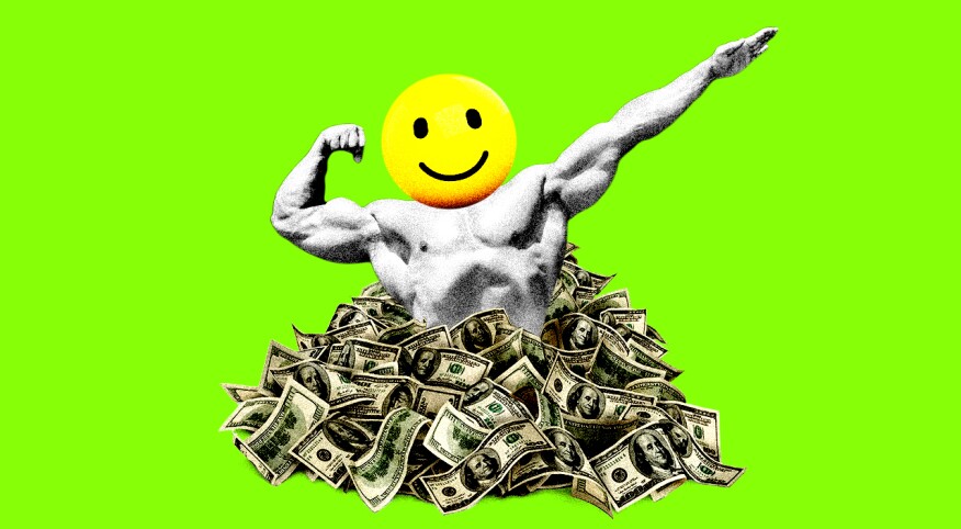 Collage of muscular man's body with happy face over his face rising from pile of money