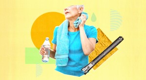 photo collage of woman patting herself dry from sweat and holding water bottle, fashion rule of summer