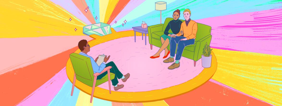 aarp, girlfriend, marriage therapy, illustration