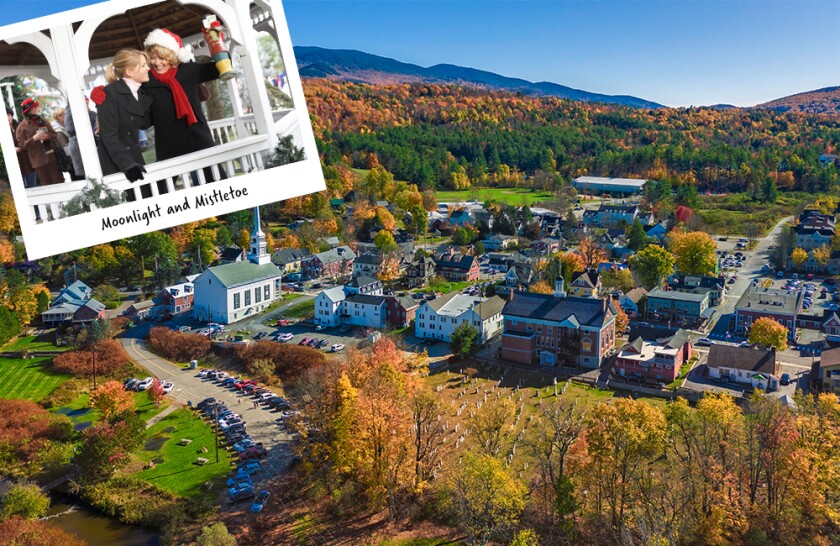 image of Stowe Vermont and movie still of Moonlight and Mistletoe