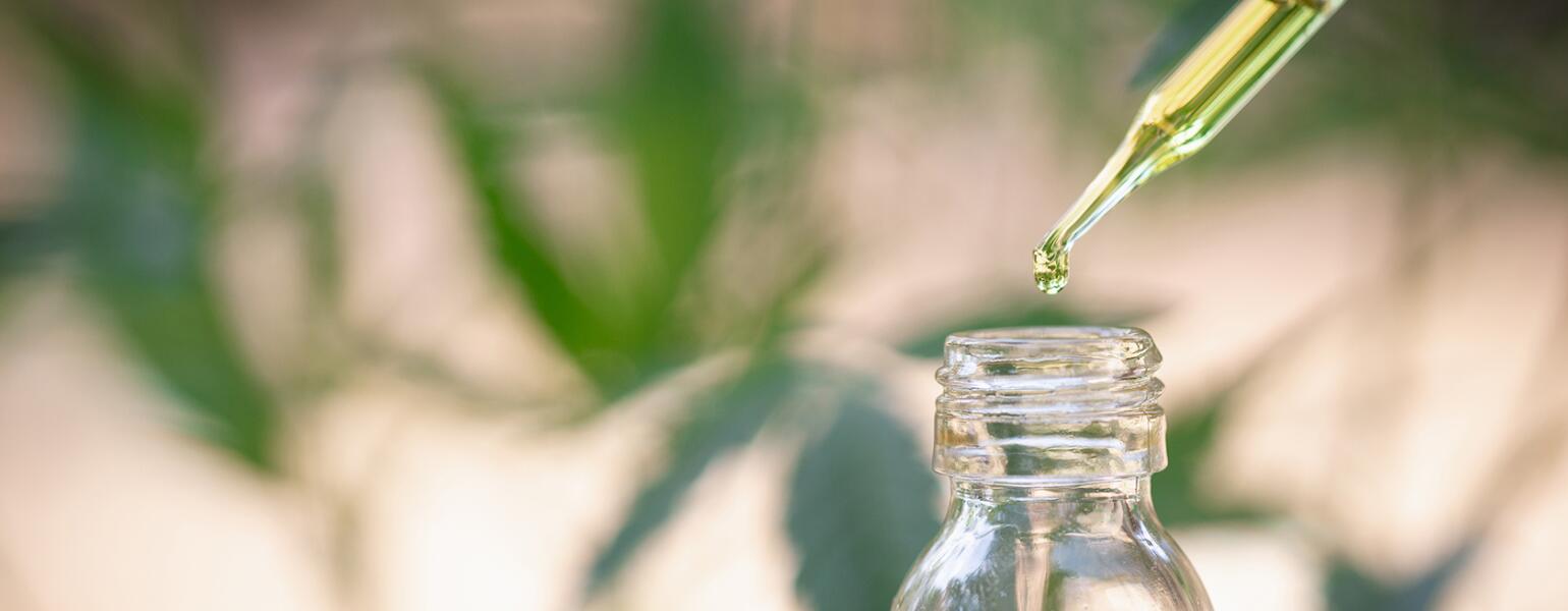 Jar with CBD oil being taken out by a dropper.