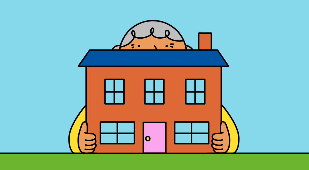 gif illustration of woman shrinking her home, downsizing