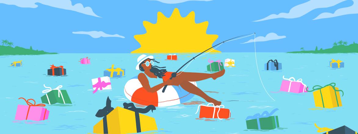 illustration_of_woman_floating_on_lake_fishing_for_gifts_summer_freebies_by_Alice_Mollon_1440x560