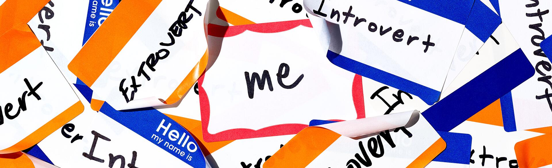 Labels with introvert, extrovert written on them with a red label in the middle with me written on it.
