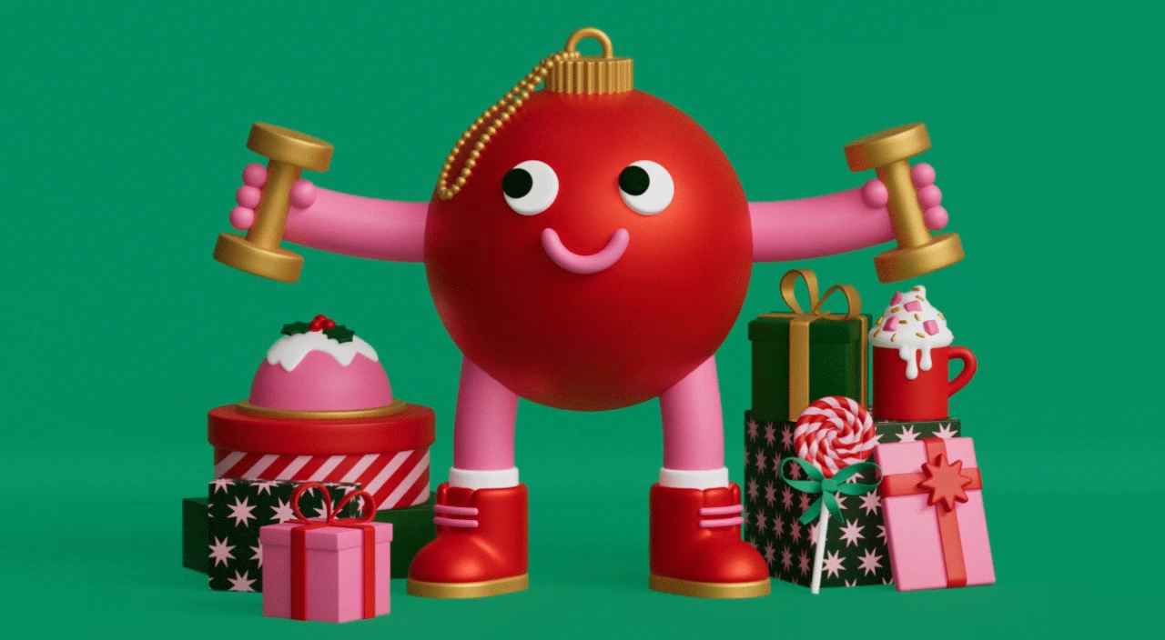 gif illustration of ornament lifting weights surrounded by holiday gifts