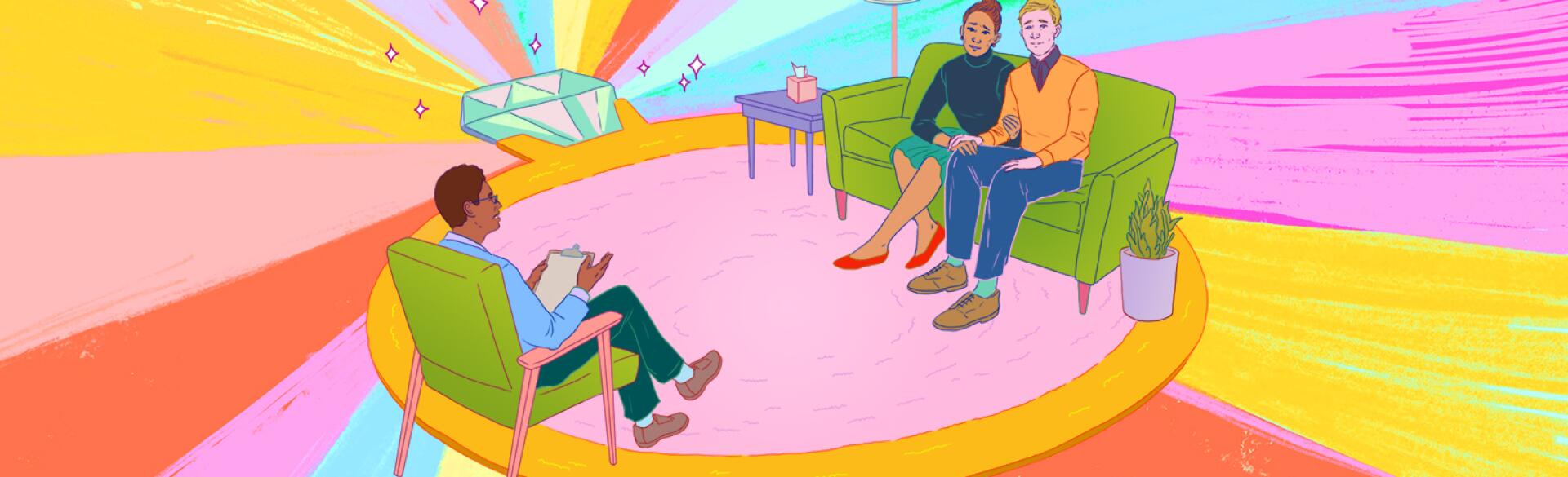 aarp, girlfriend, marriage therapy, illustration