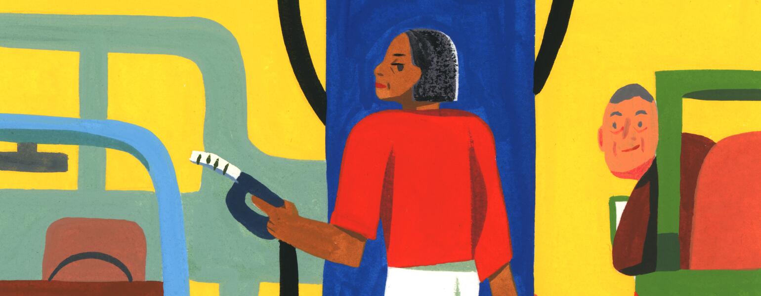 illustration of lady being checked out at gas station by ping zhu