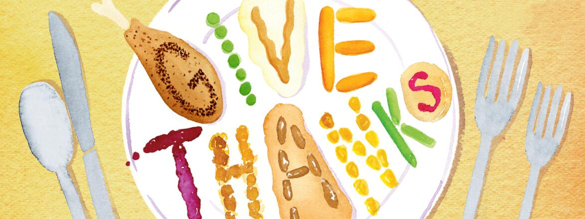 Illustration of a Thanksgiving meal with the words give thanks spelled out in food.