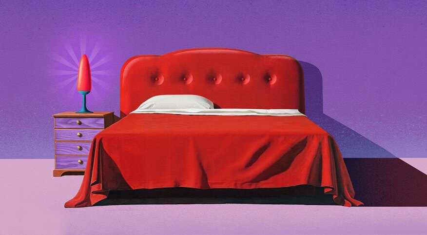 illustration of bedroom with red bed and side table with sex toy