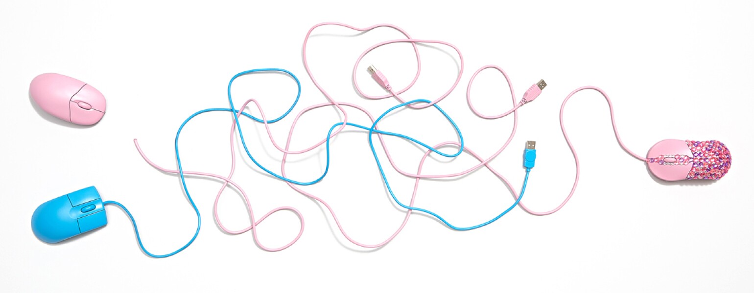 three computer mouse, two are pink one is blue showing why married men flirt online
