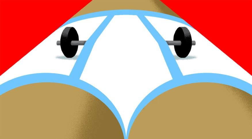 Illustration of man's crotch wearing briefs with barbell