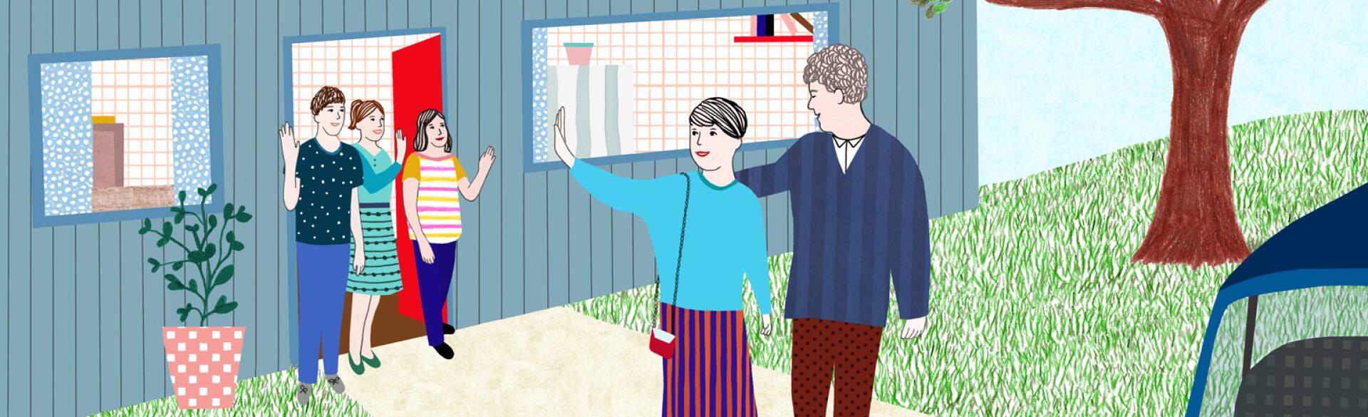 illustration of mom leaving house with man going on a date waving bye to her kids