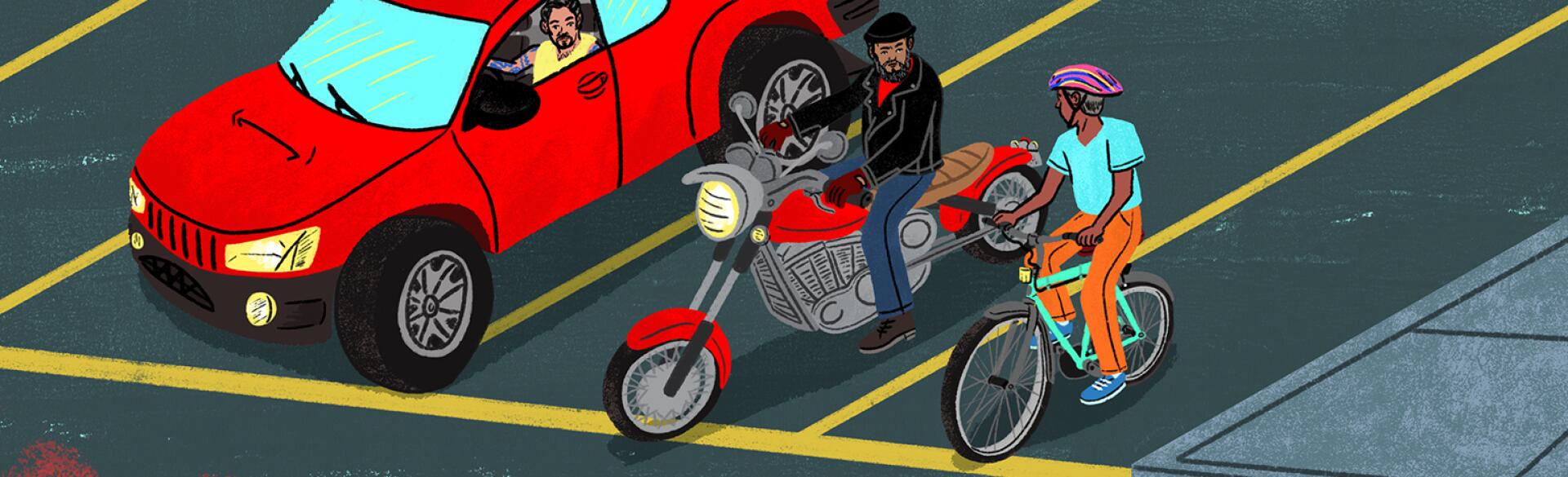 illustration of men in car and on a motorcycle and on a bike stopped at a red light