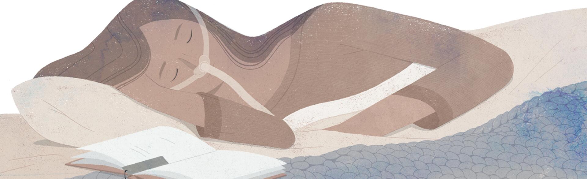 illustration of woman laying in bed with cpap machine on her nose