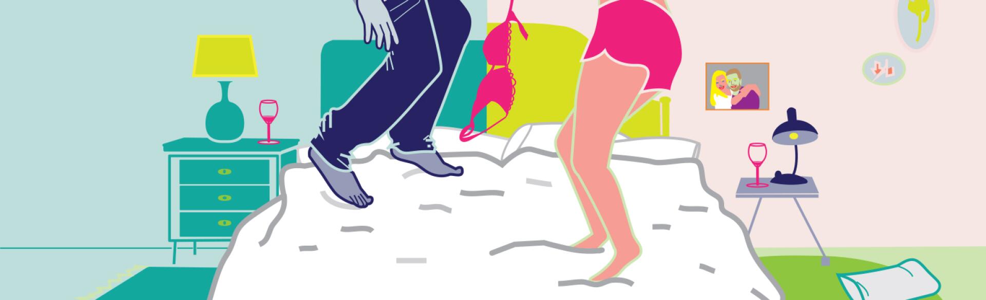 Illustration of man and woman jumping on bed as friends with benefits.