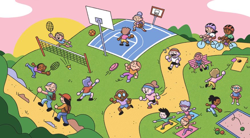 Illustration, groups of people, exercising, running, walking