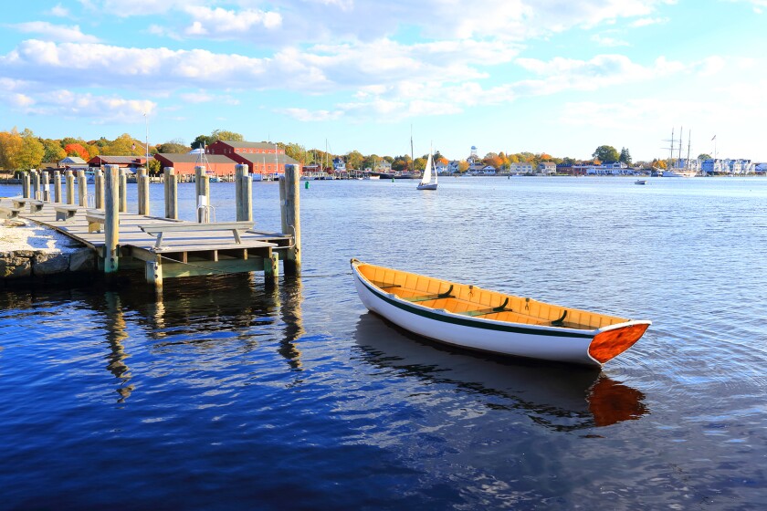 Mystic, Connecticut Harbor with boat and dock