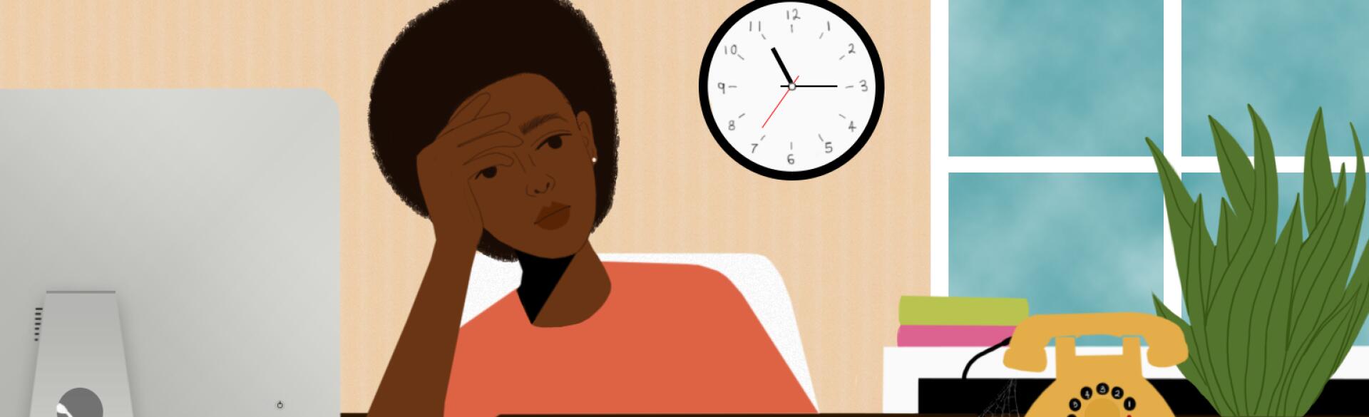 illustration of lady looking upset and sitting at desk