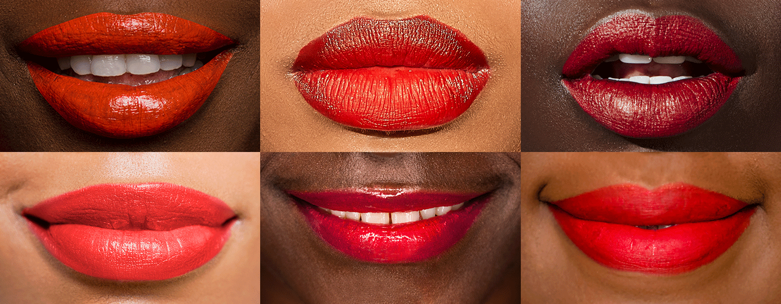 An animated graphic showing various shades of red lipstick.